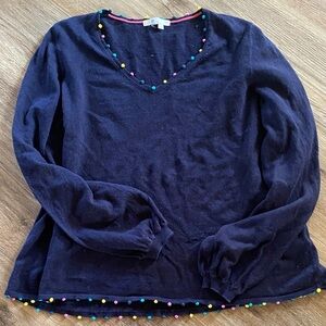 Biden L large navy blue Pom Pom v-neck sweater linen cotton rainbow